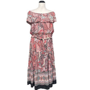 Chloe + Rene Women's XL Boho Paisley Maxi Dress Off Shoulder Ruffle Tiered Pink